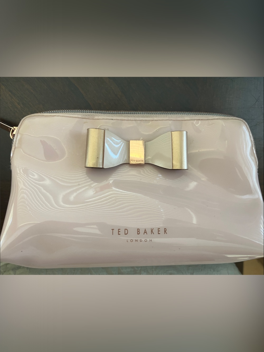 Ted Baker Blush Patent Bow Cosmetic Case with Rose Gold Trim